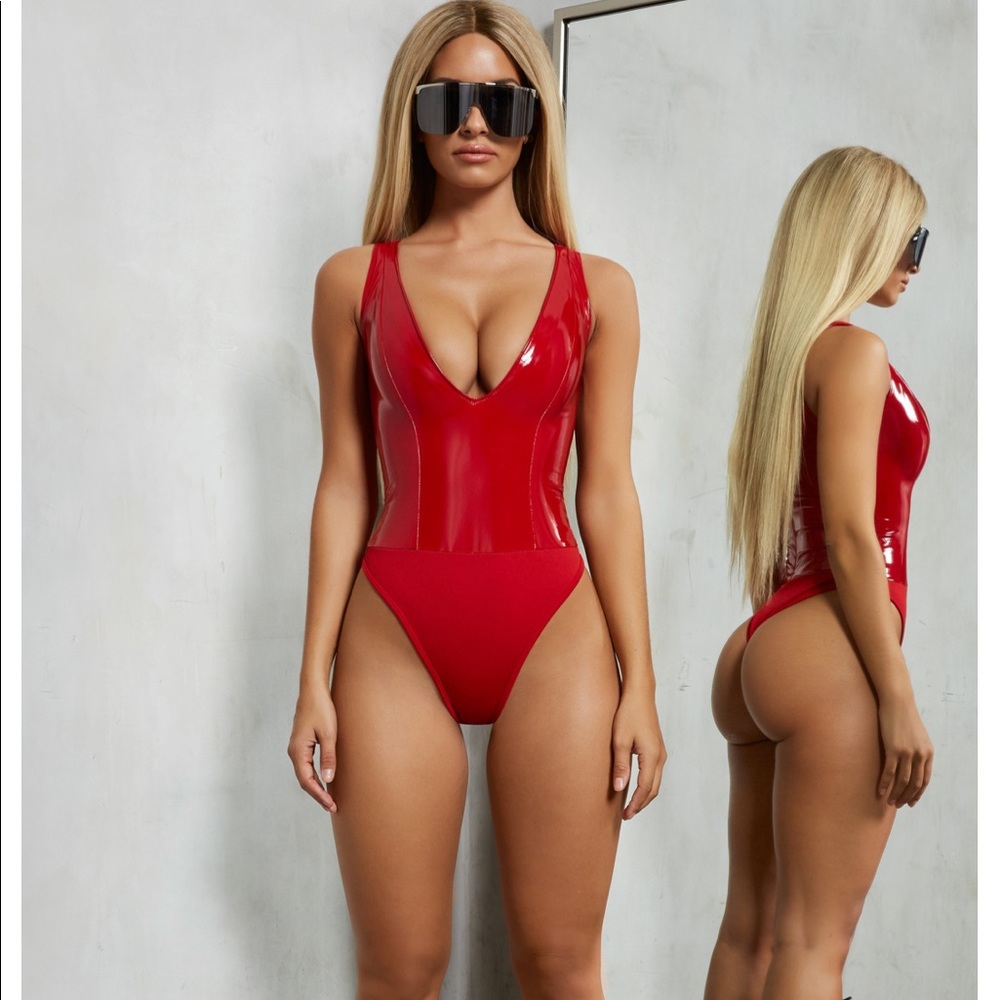 Deep plunge vinyl bodysuit oh Polly